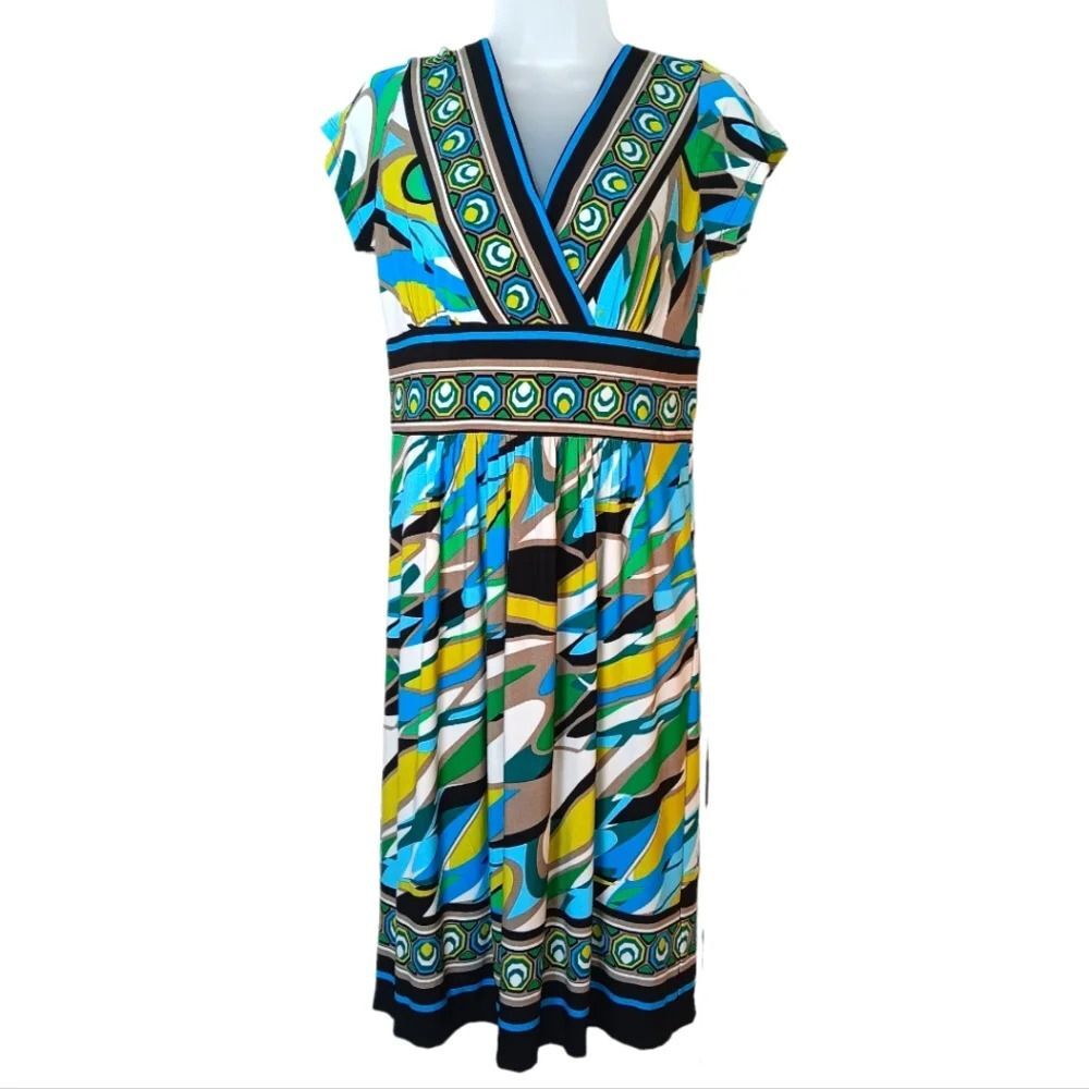 AB STUDIO Women's Multicolor Abstract Geometric Print Midi Dress Size Medium
